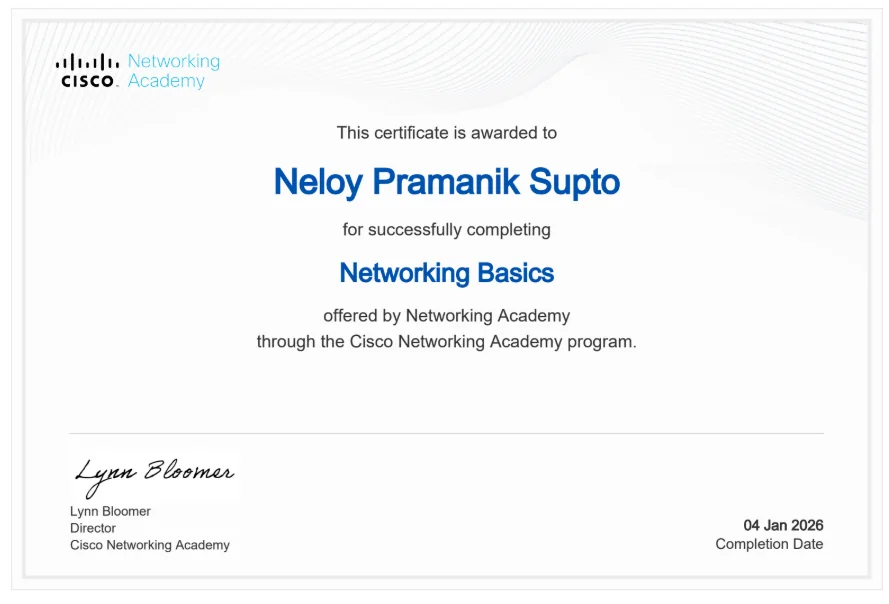 Certificate image: Networking Basics, Cisco Networking Academy