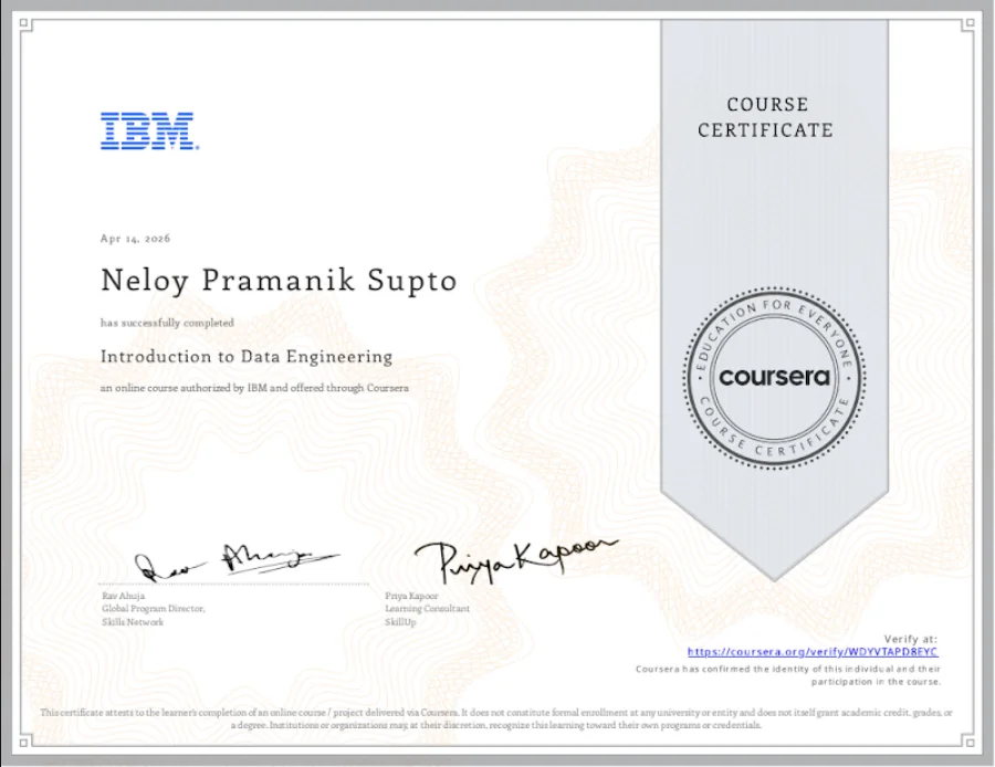 Certificate image: Introduction to Data Engineering, IBM · Coursera