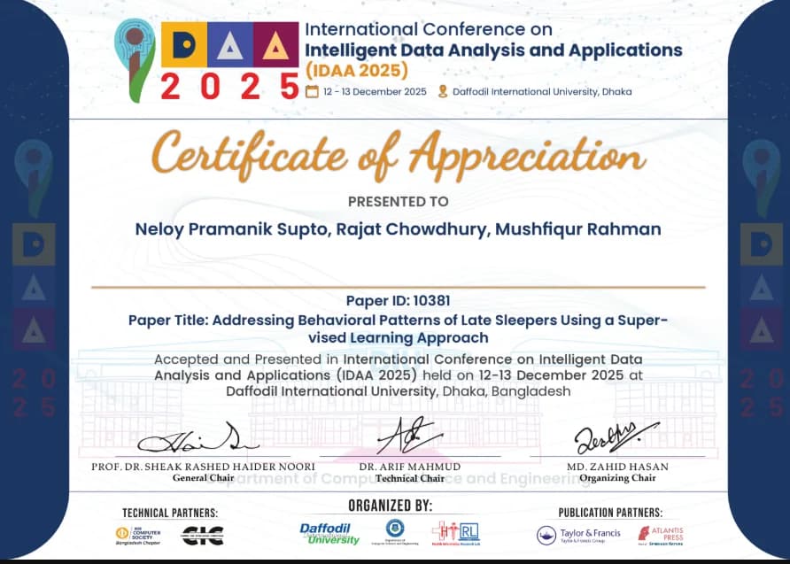 Certificate image: IDAA 2025 — Paper Presentation, International Conference on Intelligent Data Analysis and Applications