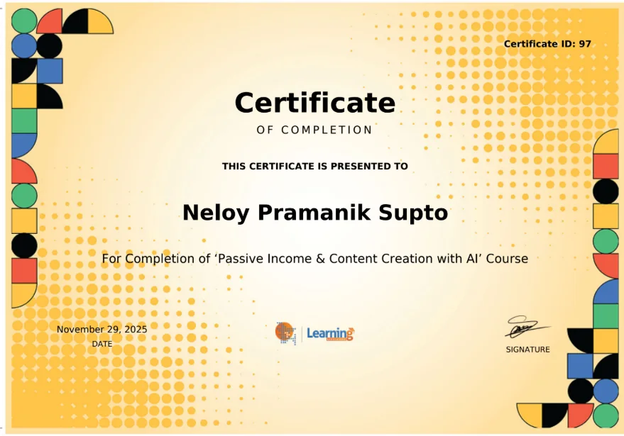 Certificate image: Passive Income & Content Creation with AI, Learning Bangladesh