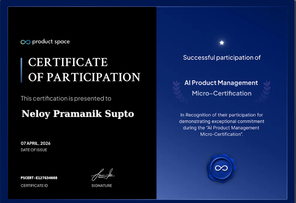 Certificate image: AI Product Management Micro-Certification, Product Space