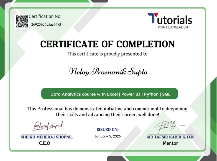 Certificate image: Data Analytics with Excel, Power BI, Python & SQL, Tutorials Point Bangladesh